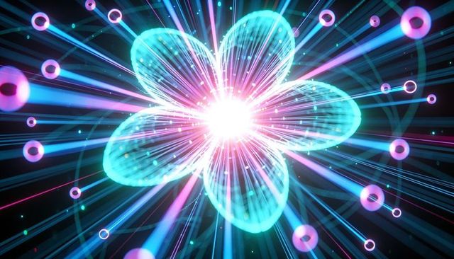 Radiating neon energy flower emitting pulsing nucleus with cyan magenta beams