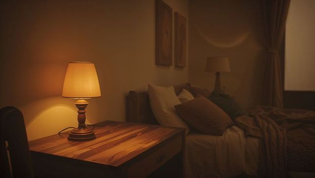 Cozy bedroom ambient lighting with warm lamp glow