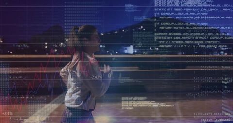 Running woman on waterfront at night with digital data overlays and stock charts