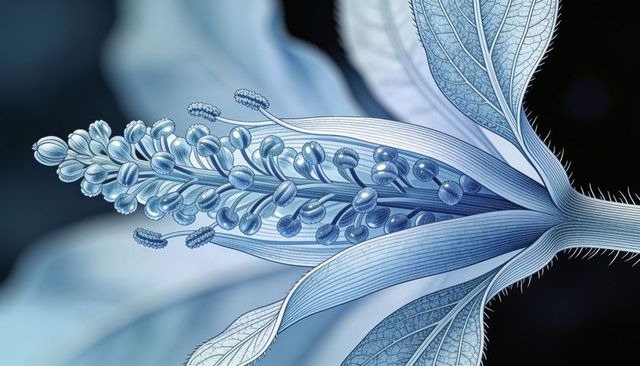 Blue botanical macro of inflorescence with bead-like buds, trichomes, fine venation