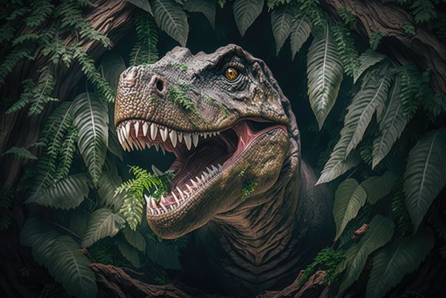 Tyrannosaurus rex dinosaur roaring over leaves in jungle, created using generative ai technology. Prehistory, dinosaur and paleontology concept.