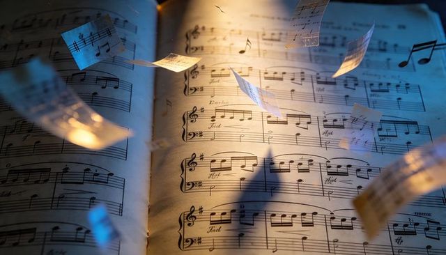 Floating music sheets fluttering above open score book with warm golden light