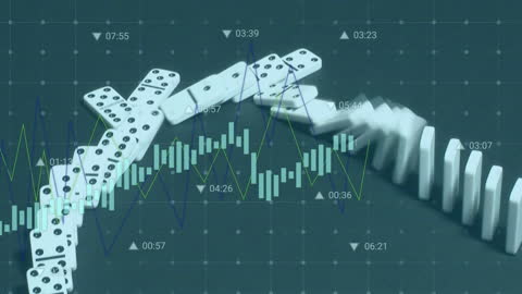 Dominos Falling with Stock Market Interface Overlay Concept