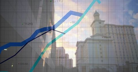 Rising Graphs with Urban Skyline at Sunset