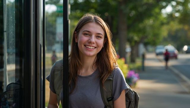 Smiling young woman boarding bus with backpack on sunlit tree-lined suburban street