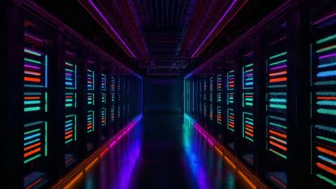 Futuristic Data Center Aisle with Vibrant LED Lighting and Technology