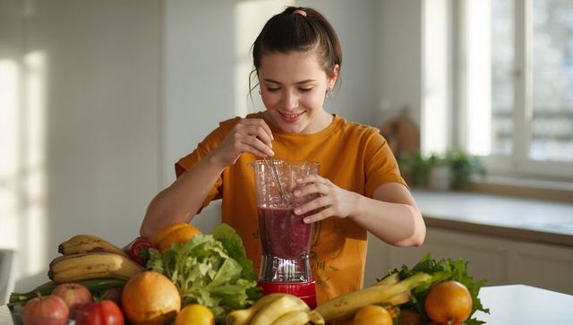 Young woman stirring berry smoothie in blender at bright kitchen counter with fresh fruit