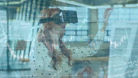 Businesswoman Using VR Technology for Data Analysis in Modern Office