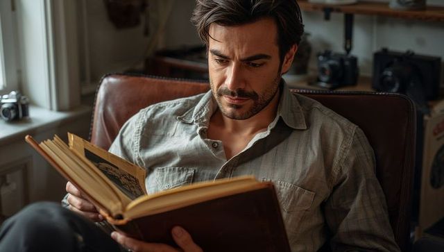 Reading in leather armchair: man turning pages of vintage illustrated book in cozy study
