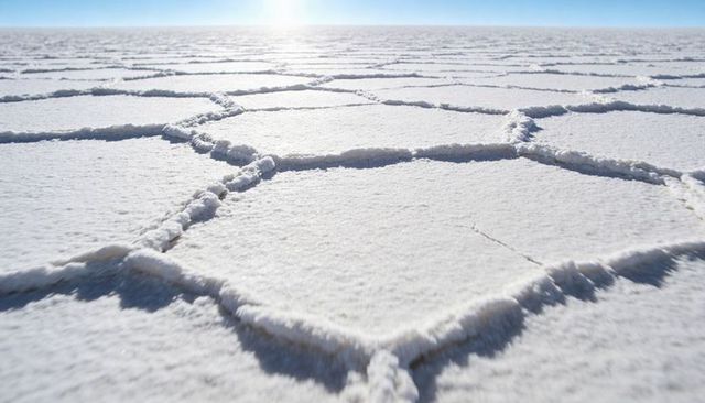 Sunlit hexagonal salt crust on expansive flat with crystal texture and raised ridges
