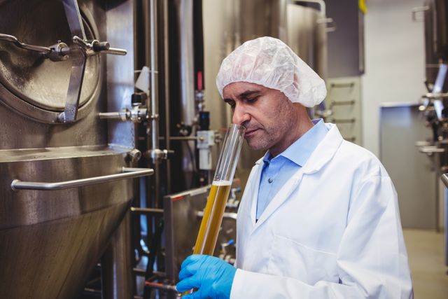 Male brewer in lab coat and hairnet examining beer sample in test tube at brewery. Ideal for illustrating brewing process, quality control in beverage manufacturing, industrial laboratory settings, and scientific research in brewing industry.