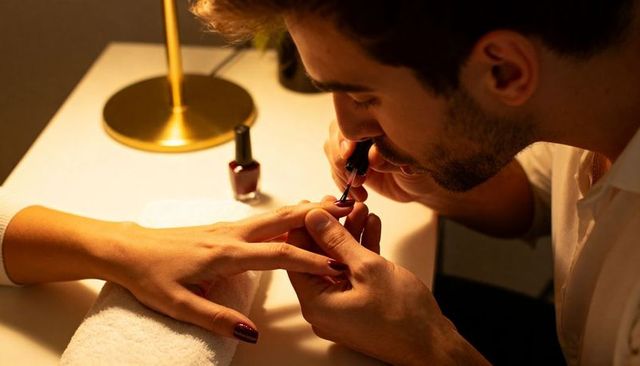 Male technician painting deep red nail polish on client hand closeup manicure salon scene