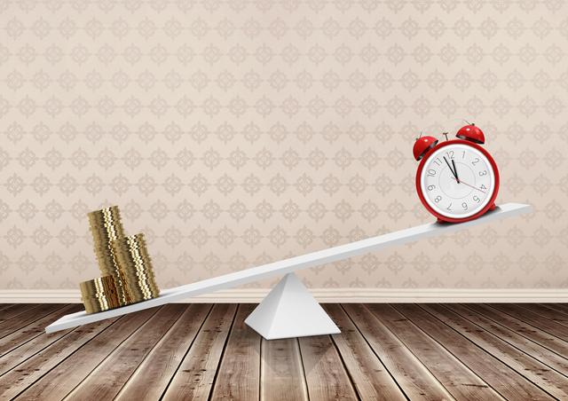 This image portrays the concept of balancing time and money, making it ideal for articles or advertisements related to financial planning, time management, investment strategies, and economic discussions. The elegant background and minimalistic setup emphasize the important message without distraction.