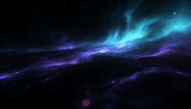 Aurora-like cosmic ribbon stretching across dark space with turquoise violet nebula waves