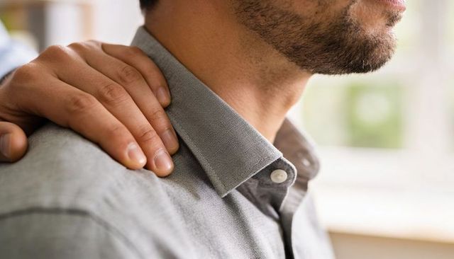 Hand resting on man's shoulder offering comfort and support in soft natural light