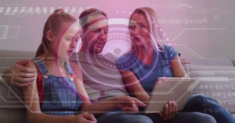 Family using tablet with augmented reality HUD overlay on sofa, parent-child tech bonding