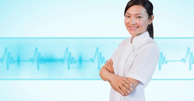 Smiling nurse standing with crossed arms against a medical background with an ECG line. Suitable for healthcare presentations, hospital brochures, medical websites, and health service advertisements.