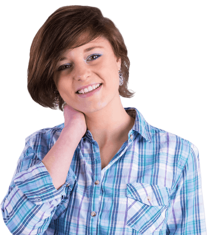 Casual Young Woman Smiling with Hand on Neck on Transparent Background