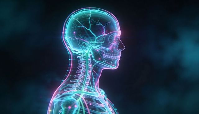 Holographic human head and cervical spine showing glowing neural network and skull anatomy