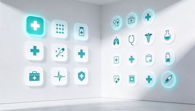 Glowing cyan medical icon gallery on minimalist white wall with backlit healthcare symbols