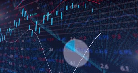 Layered Digital Finance Dashboard with Candlesticks, Line Graphs and Binary Grid Overlay