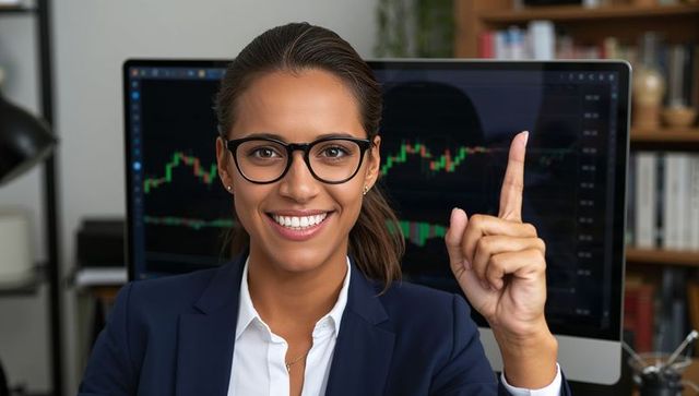 Smiling financial analyst pointing at candlestick charts on desktop monitor for trading