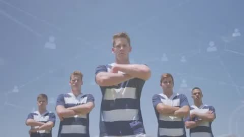 Rugby Team Demonstrating Solidarity with Network Connect Symbols Overlay
