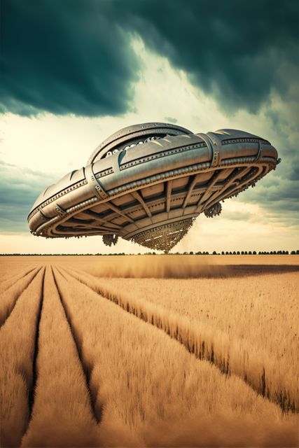Spaceship taking off over field against cloud background, created using generative ai technology. Space travel and alien concept digitally generated image.
