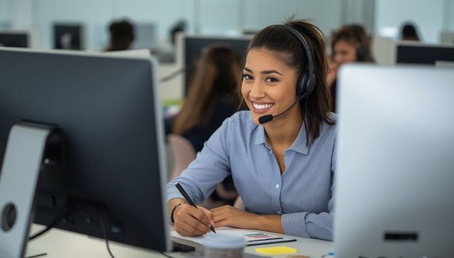 Smiling Hispanic Call Center Agent Communicating at Office Desk