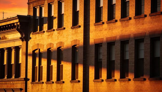 Golden-hour sunlight casting diagonal shadows on historic brick building facade at sunset