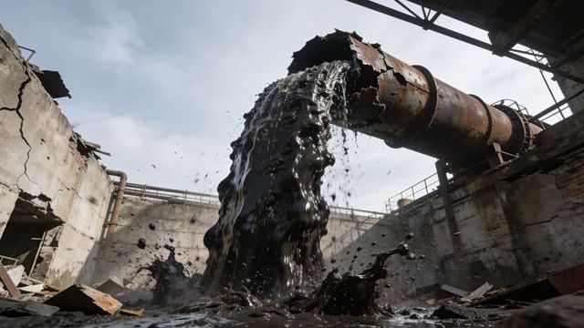 Rusted pipe pouring toxic black sludge into concrete pit at abandoned industrial plant