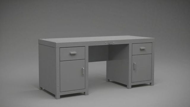 Industrial metal desk with twin pedestals and riveted panels, featuring drawers and handles