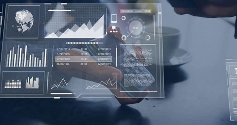 Businessman holding smartphone presenting holographic data dashboard and analytics hud