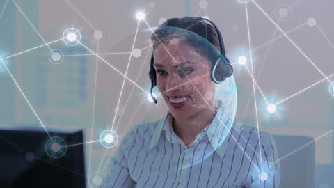 Smiling Businesswoman with Headset in Digital Networking Concept