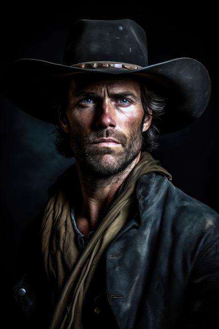 Man dressed in classic cowboy attire including a wide-brimmed hat, leather jacket, and scarf, having intense stare in a dark background. Perfect for articles about the American Old West, adventure stories, western-themed events, or promotional materials for cowboy or frontier lifestyle.