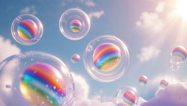 Colorful Rainbow Bubbles with Vibrant Spheres in Cloudy Sky