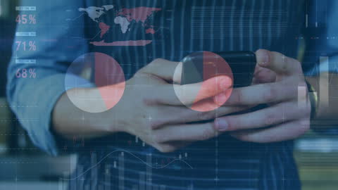 Waiter Using Phone with Digital Business Interface Overlay