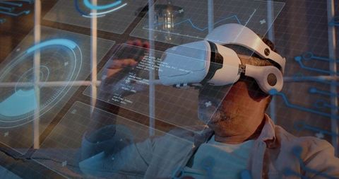 Man wearing vr headset reaching through holographic hud in modern home lounge