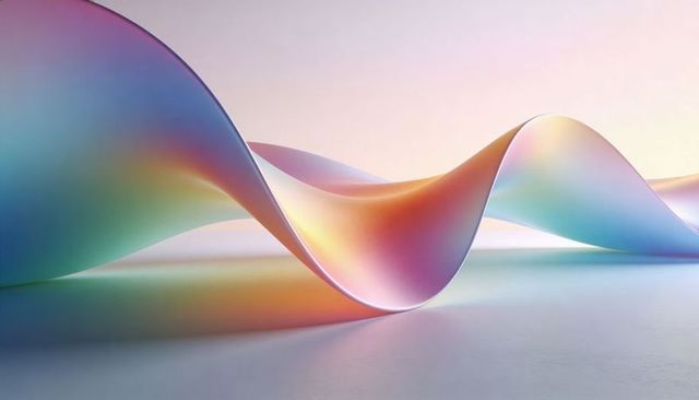 Iridescent pastel ribbon sculpture flowing across minimalist studio floor with soft shadows