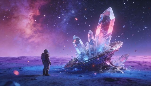 Astronaut observing giant glowing crystals emerging from futuristic ring on alien plain
