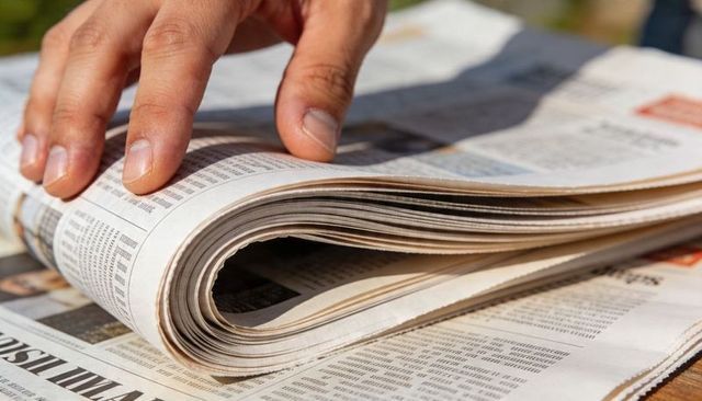 Hand turning folded broadsheet on wooden table closeup, printed columns sunlight detail