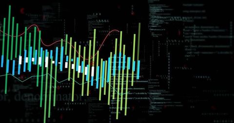 Visualizing neon candlestick charts with woven trend lines and binary code for financial analytics
