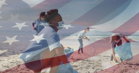 Volunteers in Face Masks Cleaning Beach with US Flag Overlay
