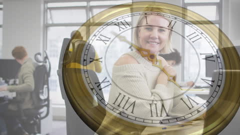 Vintage Clock Overlay on Modern Office Workspace