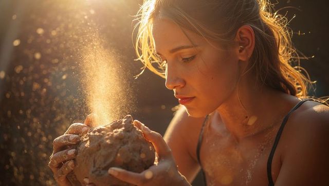 Young woman shaping clay during golden hour, sunlit dust backlit bokeh hands-on sculpting