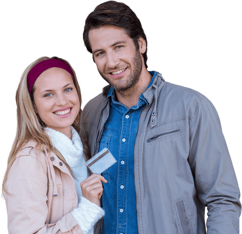 Happy Couple Presenting Credit Card Transparent Background