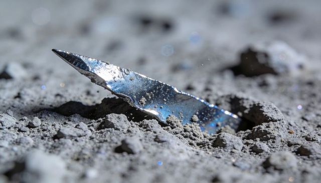 Glinting metal shard in gray grit macro with blue highlights and reflective gleam