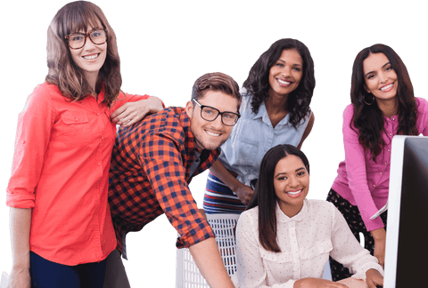 Transparent group of diverse professionals smiling at computer