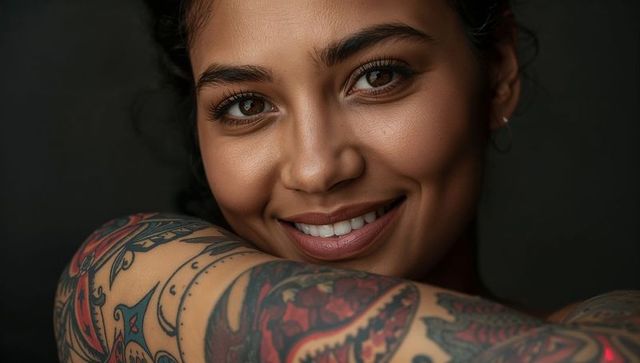 Smiling woman showing colorful sleeve tattoo closeup portrait with hoop earring