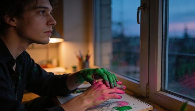 Young artist with paint-covered hands gazing out window at twilight over sketchbook